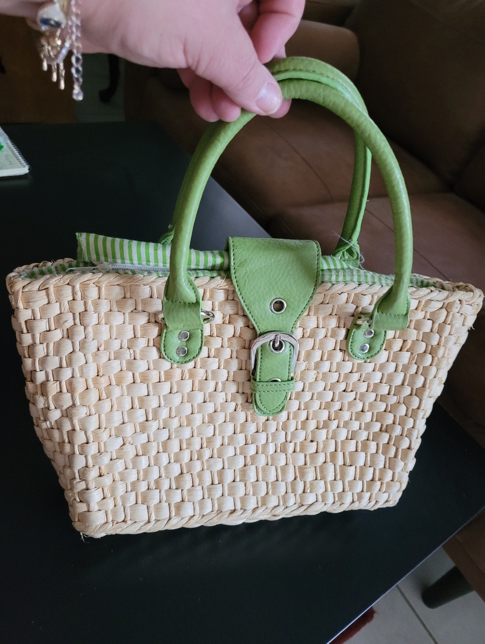 Green Trim Woven Straw Tote Bag - Picture 2 of 14